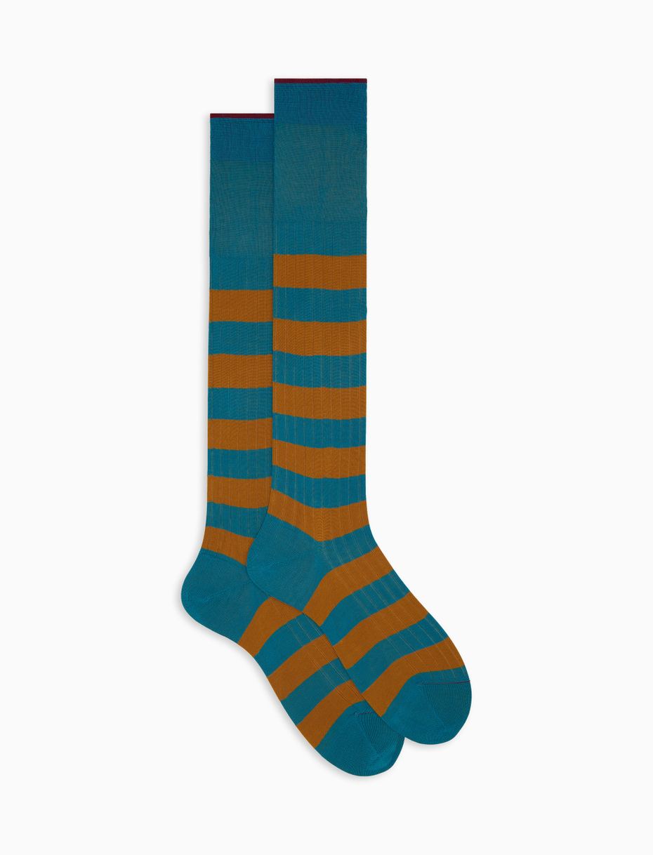 Men's long light blue ribbed cotton socks with two-tone stripe pattern - Gallo 1927 - Official Online Shop
