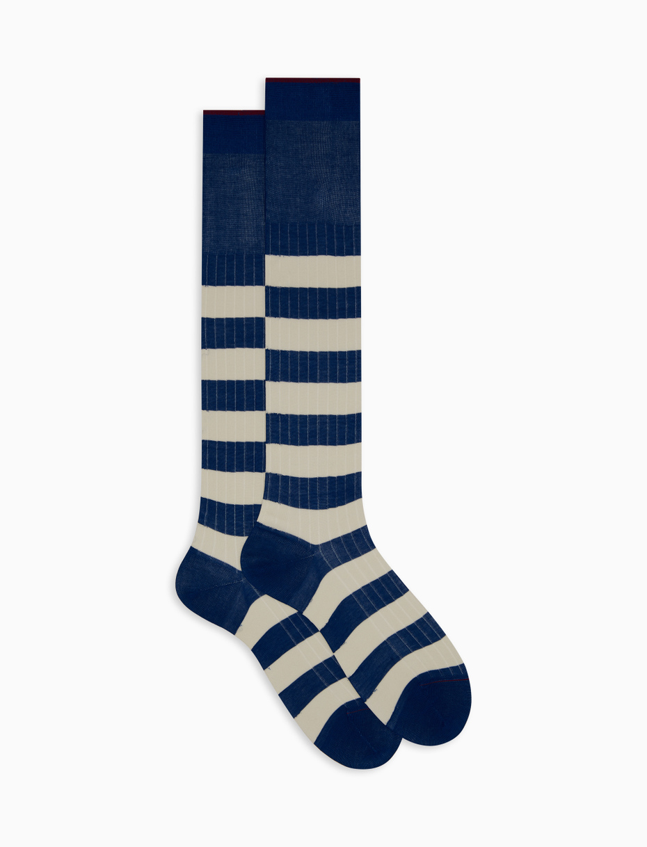 Men's long blue ribbed cotton socks with two-tone stripe pattern - Gallo 1927 - Official Online Shop