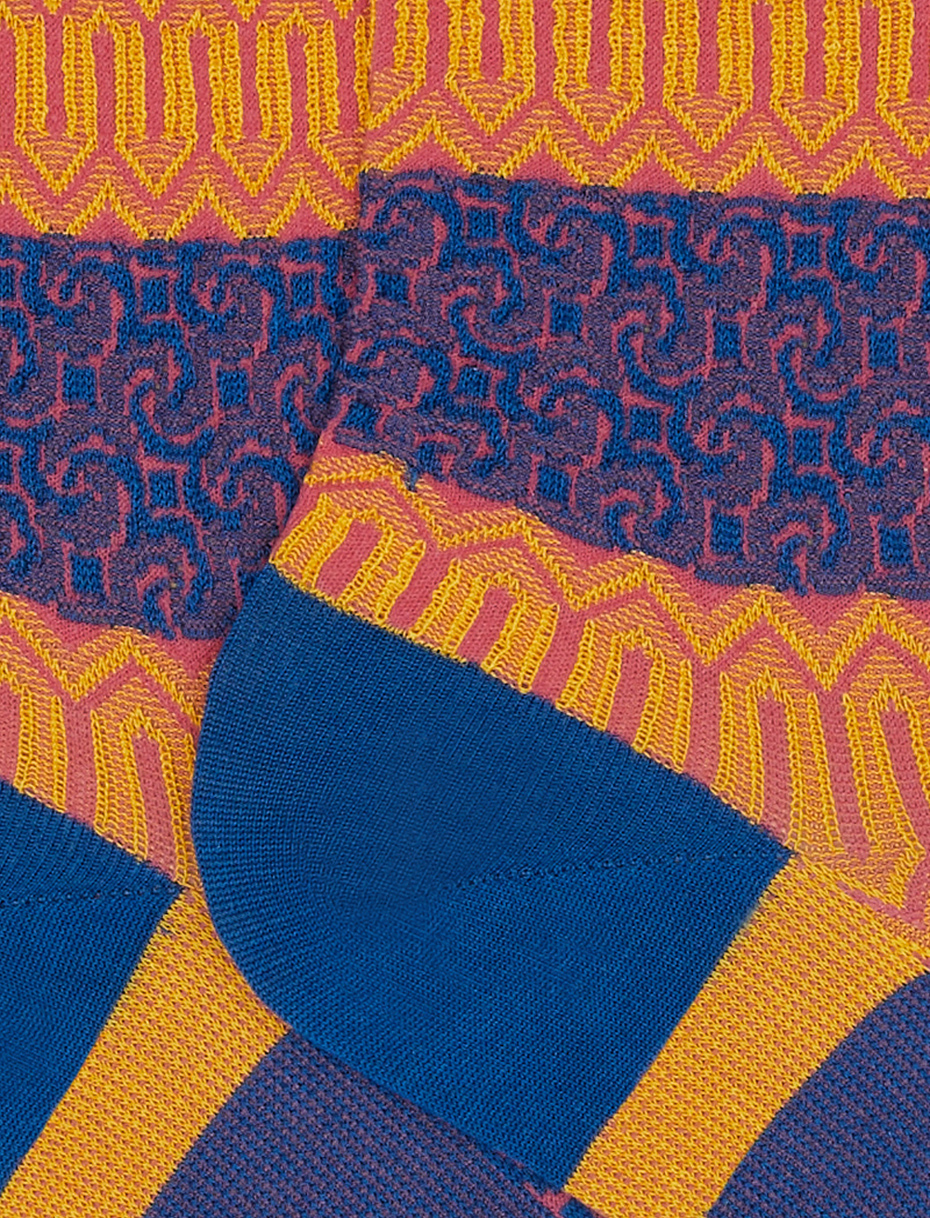 Women's Prussian blue mid-calf cotton socks with meander motif on a two-tone band - Gallo 1927 - Official Online Shop
