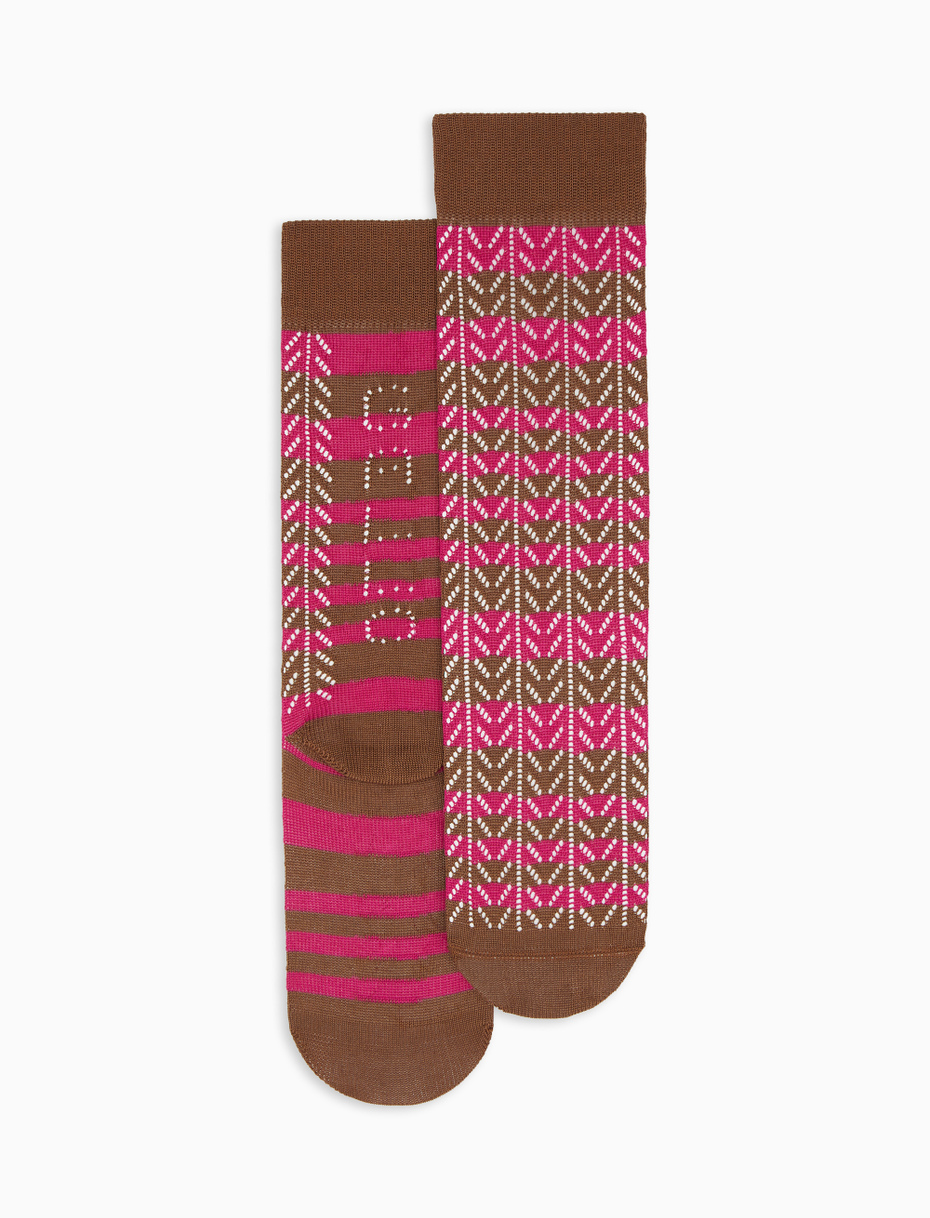 Women's turtle dove grey mid-calf perforated cotton socks with two-tone stripes - Gallo 1927 - Official Online Shop