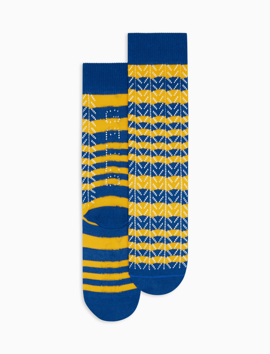 Women's Prussian blue mid-calf perforated cotton socks with two-tone stripes - Gallo 1927 - Official Online Shop