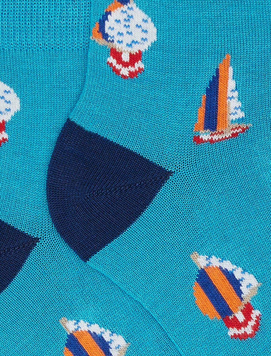 Kids' lowcut turquoise lightweight cotton socks with boat motif Gallo