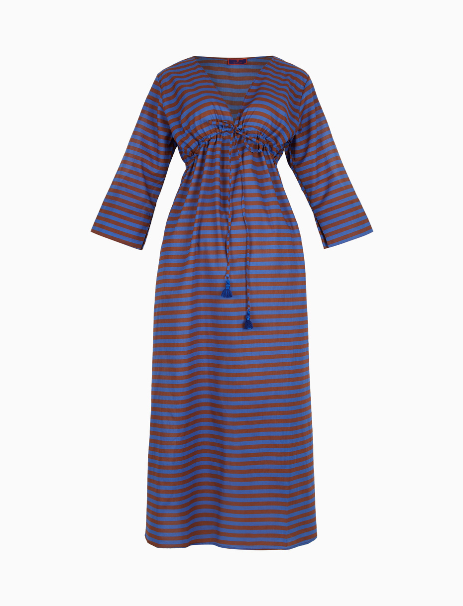 Women's long carbon paper blue cotton kaftan with two-tone stripes - Gallo 1927 - Official Online Shop