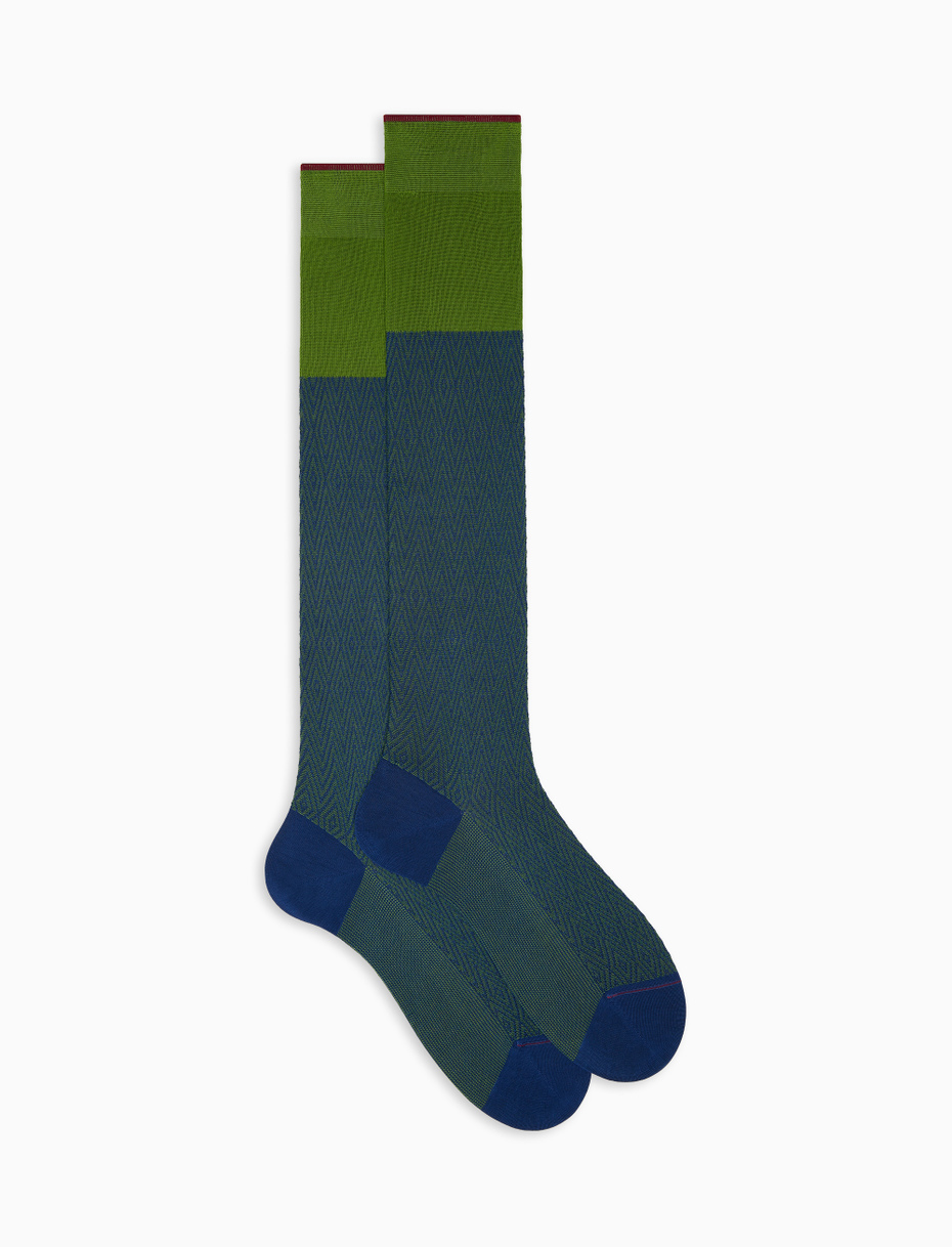 Men's long royal blue lightweight cotton socks with chevron and rhombus motif - Gallo 1927 - Official Online Shop