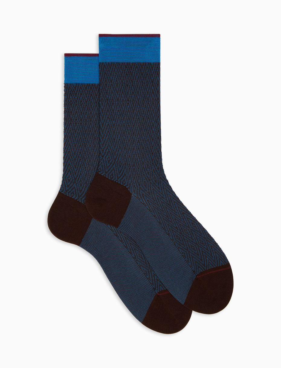 Men's short tobacco brown lightweight cotton socks with chevron and rhombus motif - Gallo 1927 - Official Online Shop