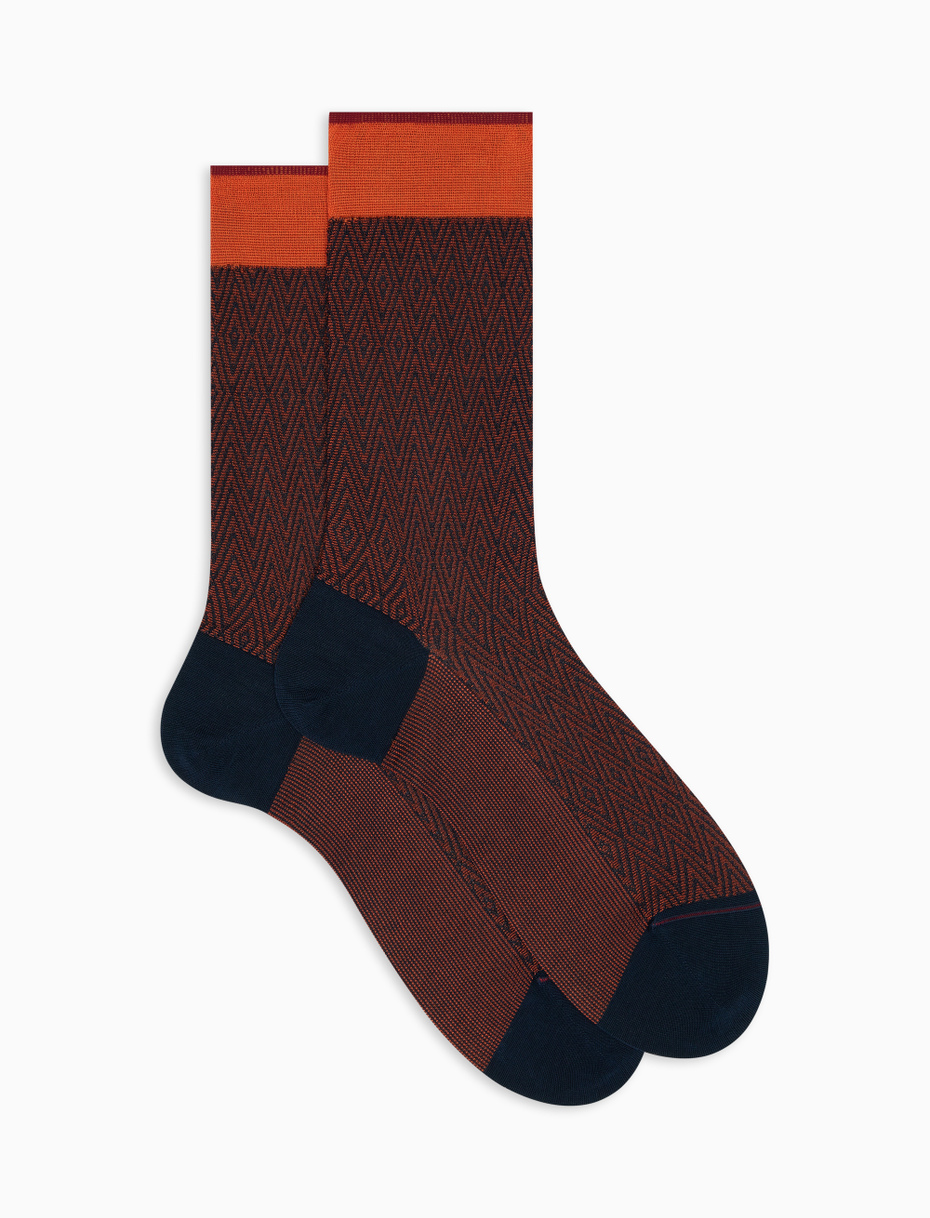 Men's short ocean blue lightweight cotton socks with chevron and rhombus motif - Gallo 1927 - Official Online Shop