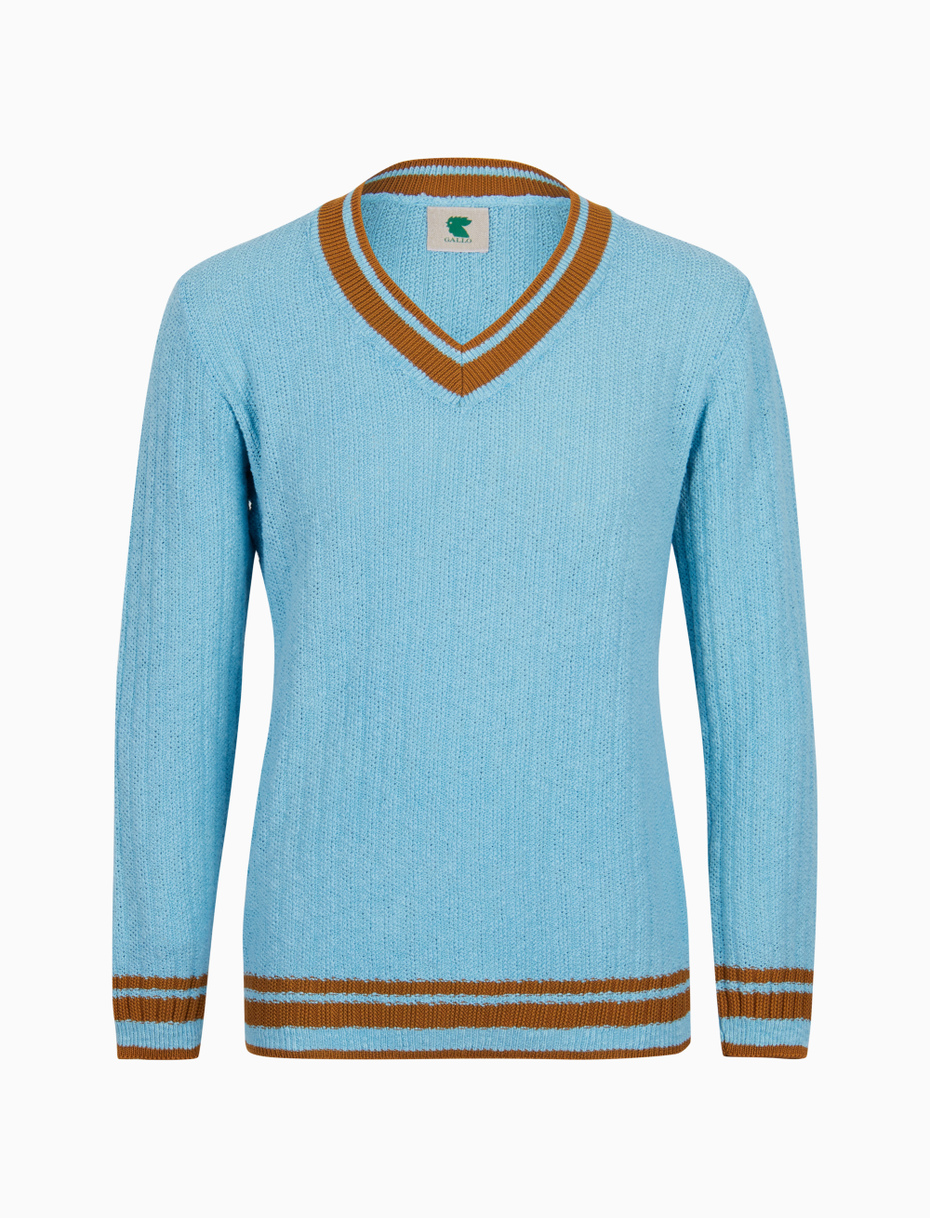 Unisex plain light blue cotton V-neck jumper with contrasting detail - Gallo 1927 - Official Online Shop