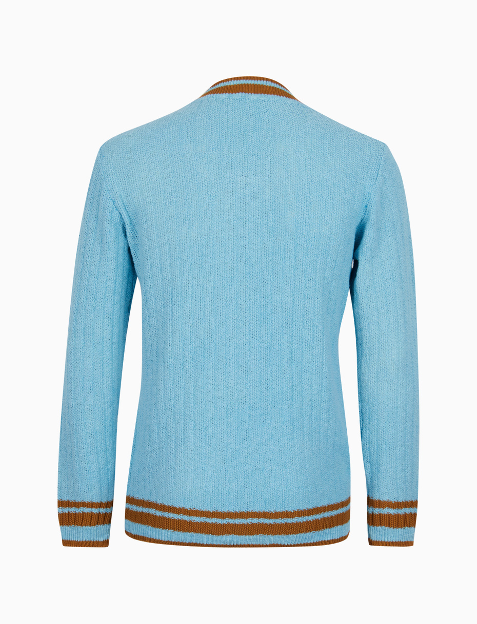 Unisex plain light blue cotton V-neck jumper with contrasting detail - Gallo 1927 - Official Online Shop
