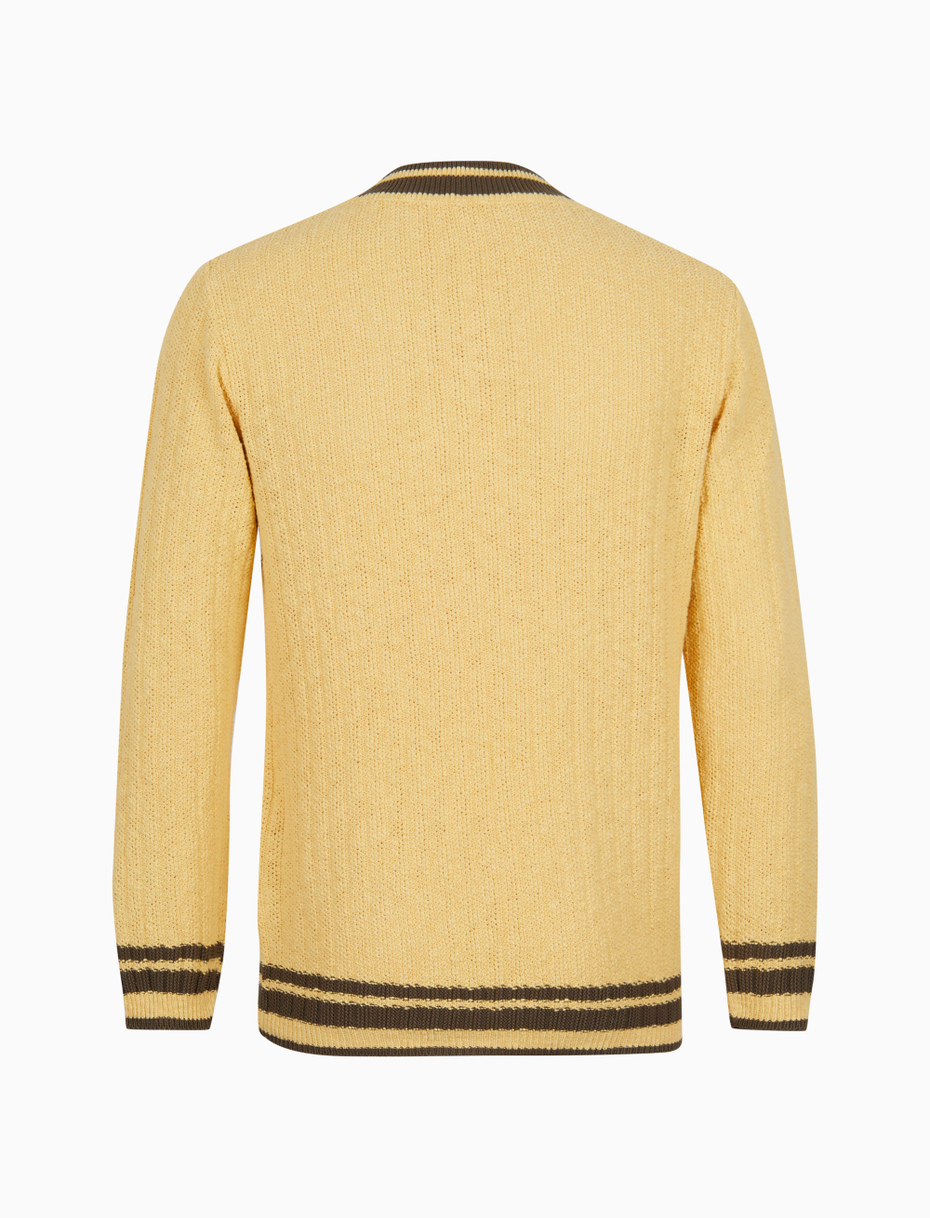 Unisex plain corn yellow cotton V-neck jumper with contrasting detail - Gallo 1927 - Official Online Shop