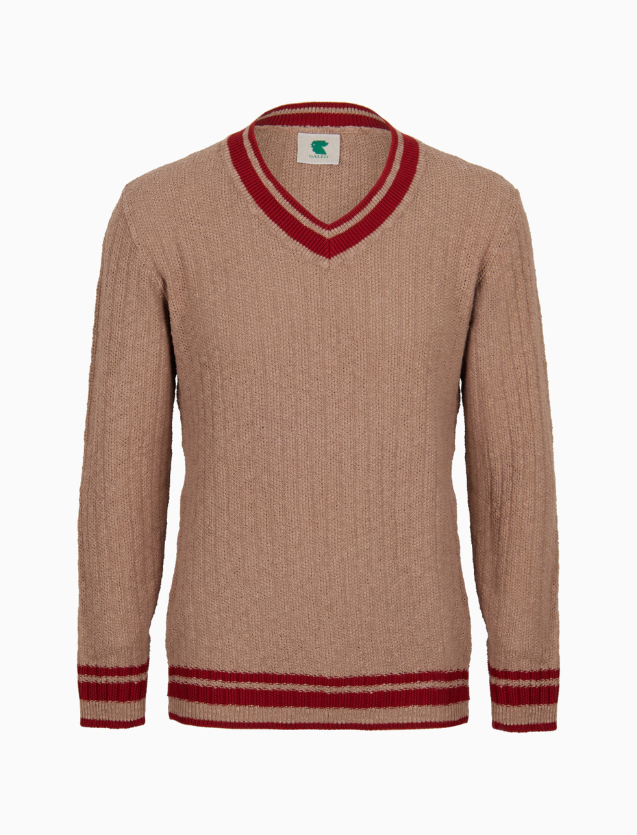 Unisex plain truffle cotton V-neck jumper with contrasting detail - Gallo 1927 - Official Online Shop