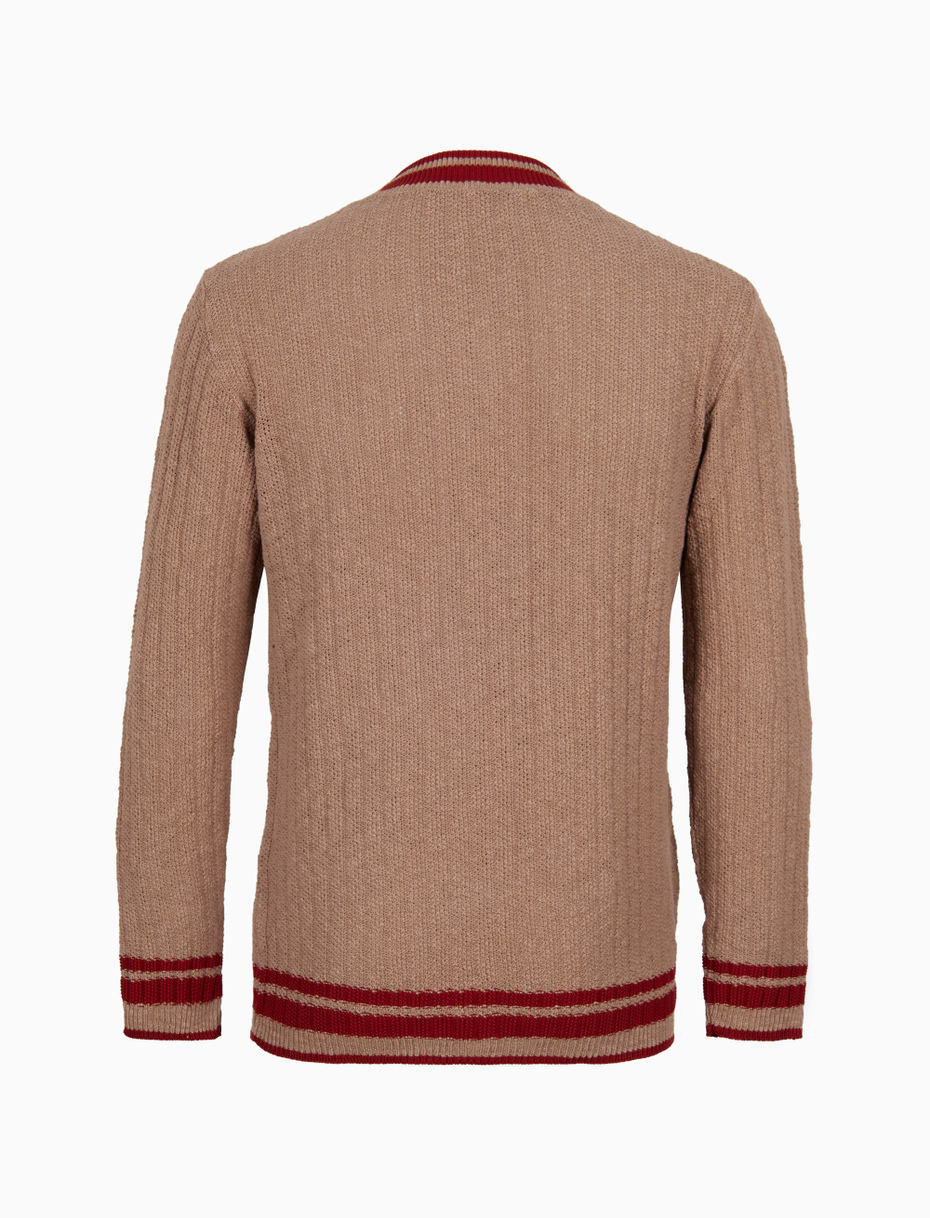 Unisex plain truffle cotton V-neck jumper with contrasting detail - Gallo 1927 - Official Online Shop