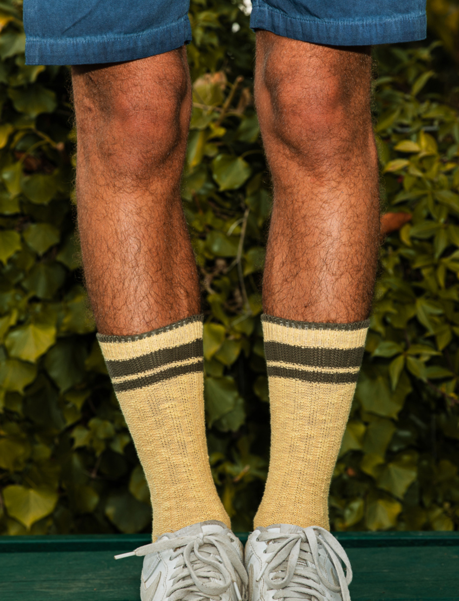 Short unisex plain corn yellow ribbed cotton socks with striped cuffs - Gallo 1927 - Official Online Shop