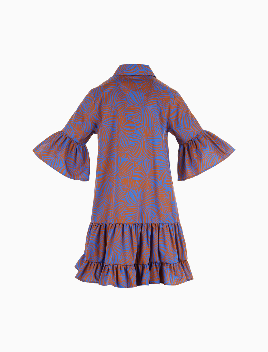 Women's carbon paper blue cotton short frilled shirt dress with large floral pattern - Gallo 1927 - Official Online Shop
