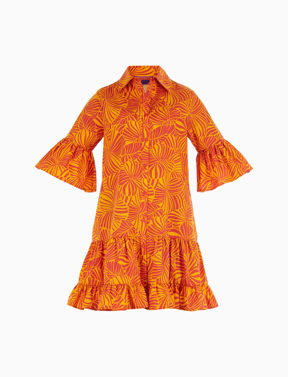 Women's narcissus yellow cotton short frilled shirt dress with large floral pattern - Gallo 1927 - Official Online Shop