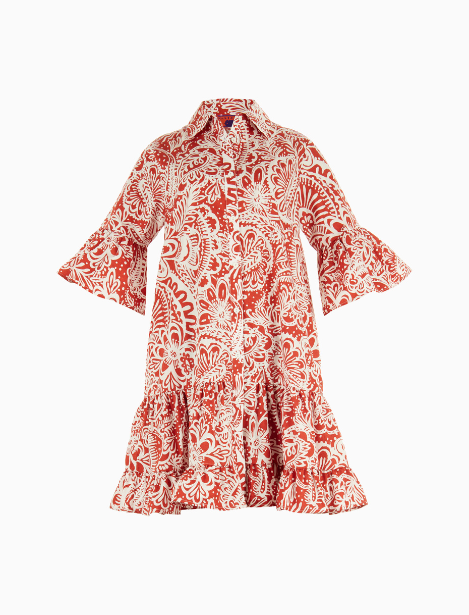 Women's ruby red cotton short frilled shirt dress with Paisley pattern - Gallo 1927 - Official Online Shop