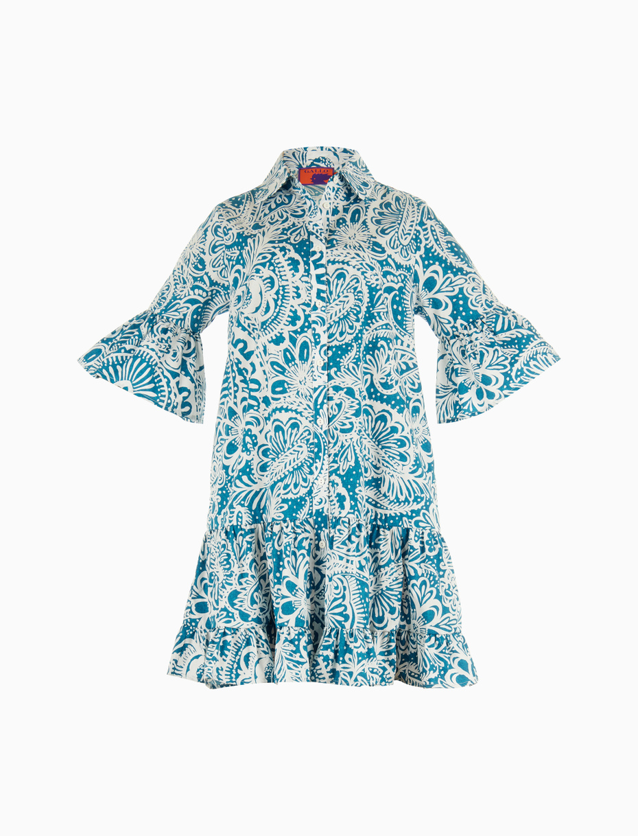 Women's dragonfly blue cotton short frilled shirt dress with Paisley pattern - Gallo 1927 - Official Online Shop
