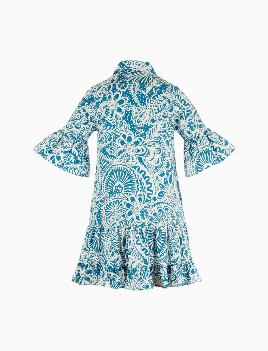 Women's dragonfly blue cotton short frilled shirt dress with Paisley pattern - Gallo 1927 - Official Online Shop
