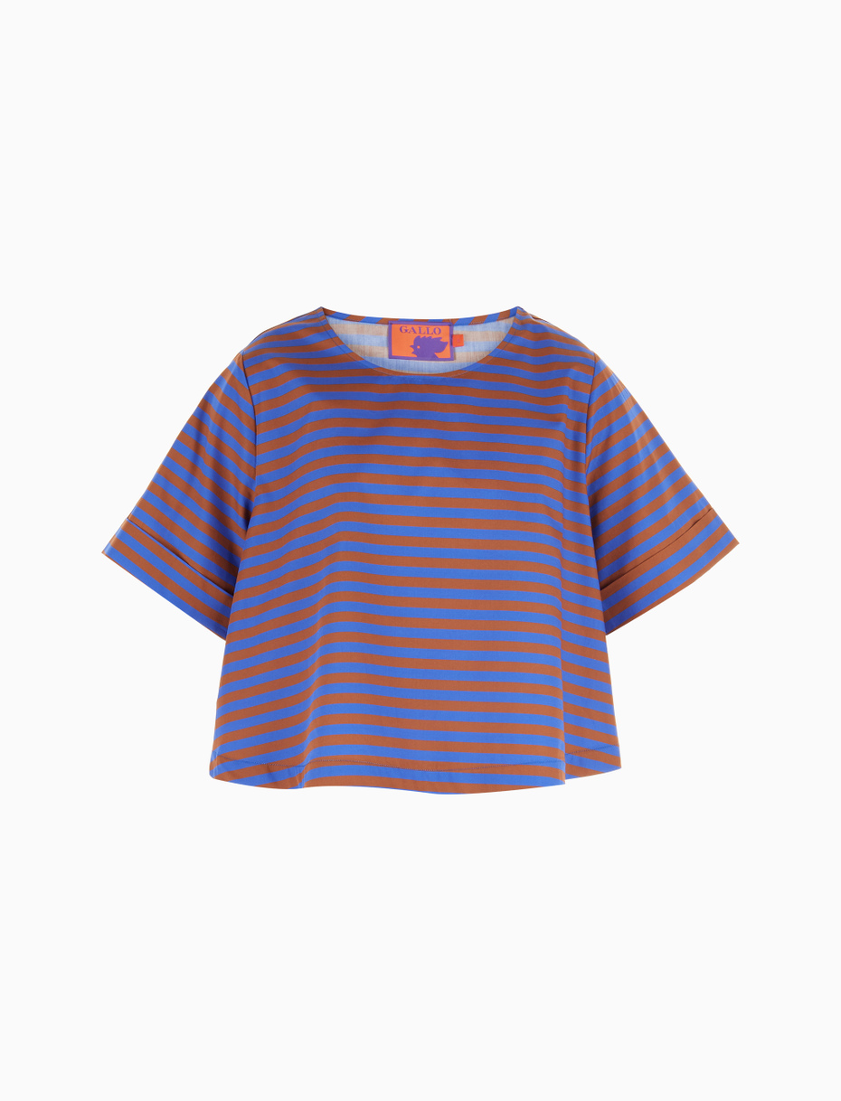 Women's carbon paper blue cotton boxy top with two-tone stripes - Gallo 1927 - Official Online Shop