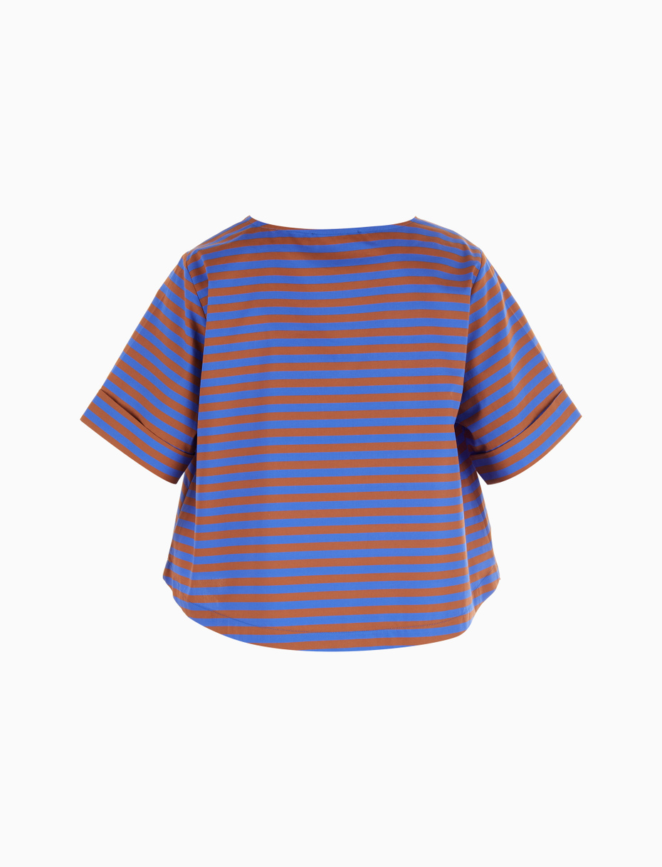 Women's carbon paper blue cotton boxy top with two-tone stripes - Gallo 1927 - Official Online Shop