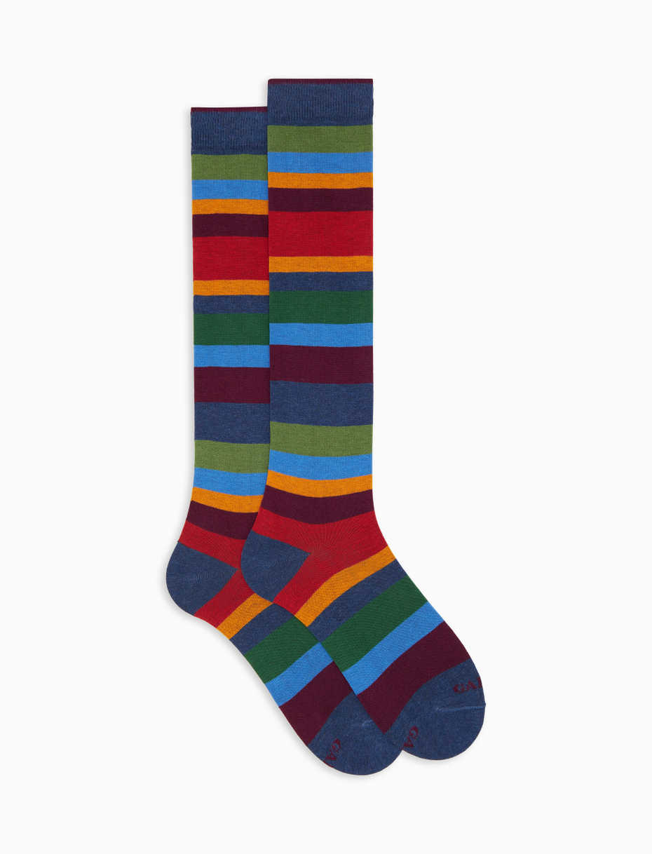 Men's long socks in blue cotton with multicolored stripes in seven colors - Gallo 1927 - Official Online Shop