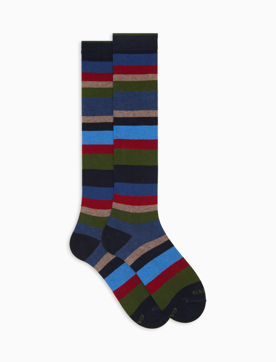 Men's long socks in blue cotton with multicolored stripes in seven colors - Gallo 1927 - Official Online Shop