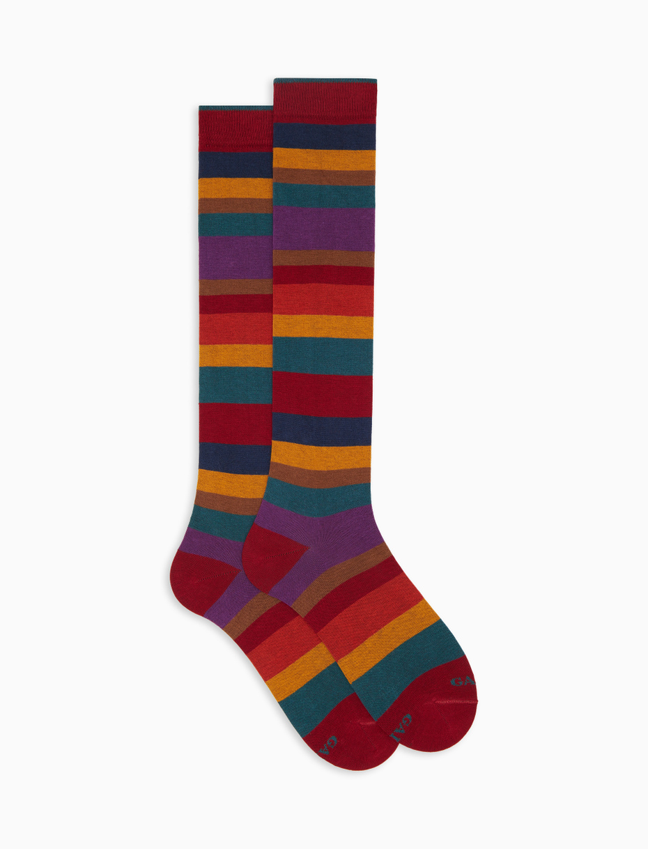 Men's long socks in burgundy cotton with multicolored stripes in seven colors - Gallo 1927 - Official Online Shop