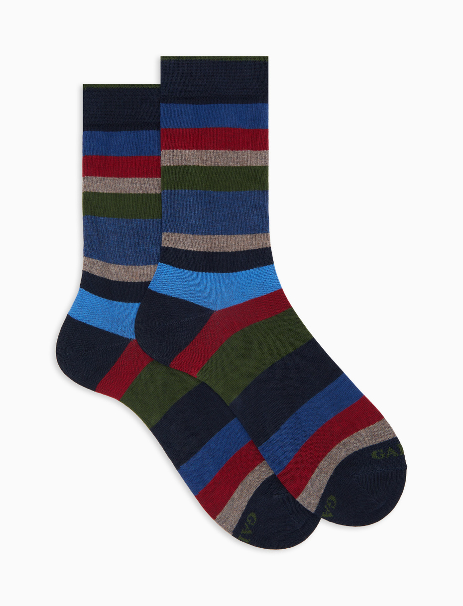 Men's short socks in blue cotton with multicolored stripes in seven colors - Gallo 1927 - Official Online Shop
