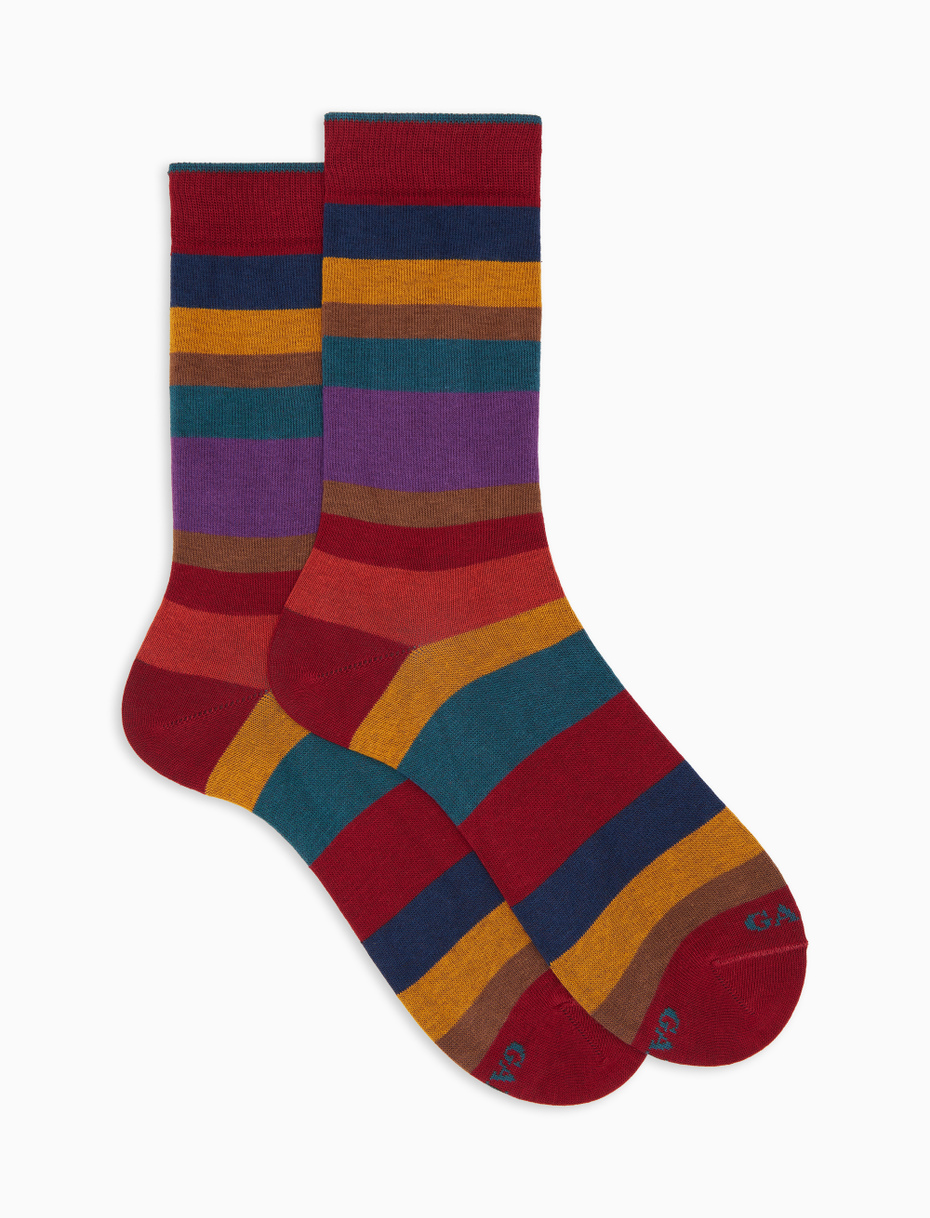 Men's short socks in burgundy cotton with multicolored stripes in seven colors - Gallo 1927 - Official Online Shop