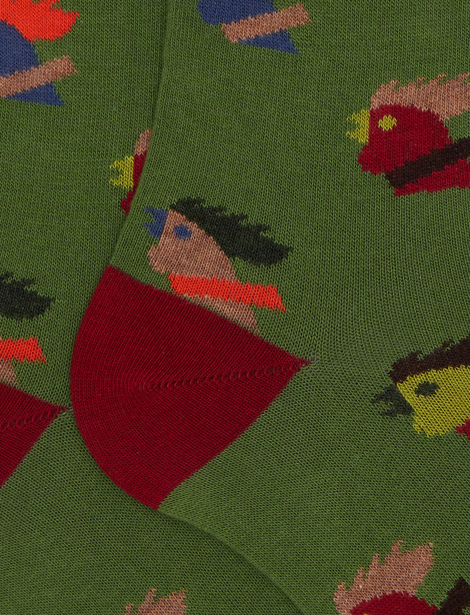 Men’s long green cotton socks with multicoloured hen motif - Gallo 1927 - Official Online Shop