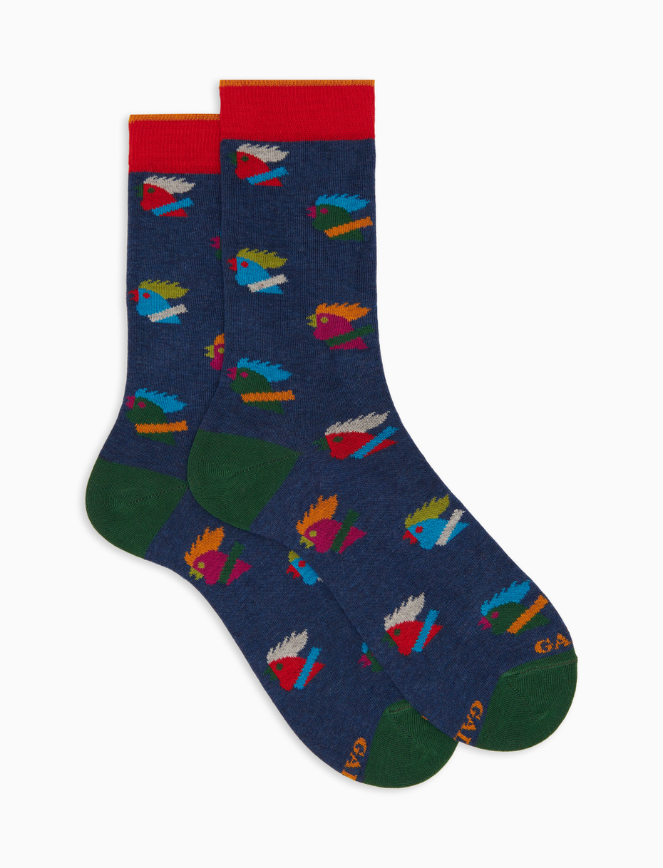 Women’s short blue cotton socks with multicoloured hen motif - Gallo 1927 - Official Online Shop