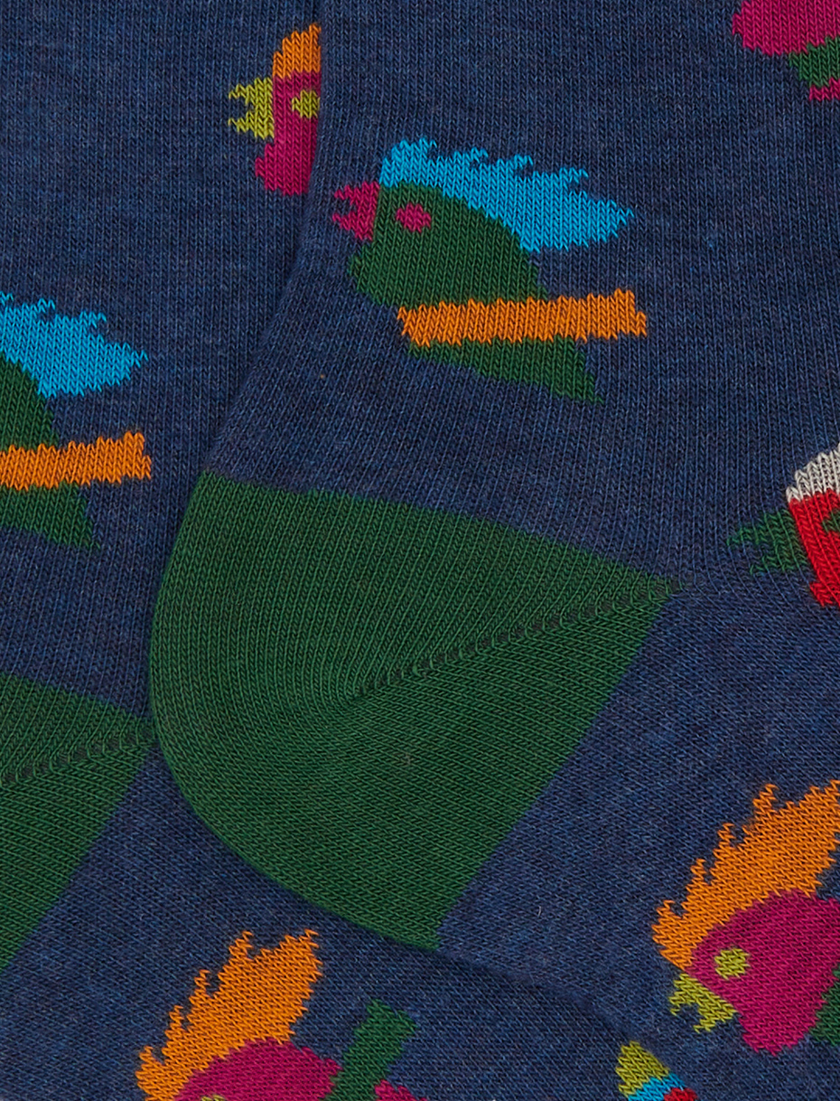 Women’s short blue cotton socks with multicoloured hen motif - Gallo 1927 - Official Online Shop