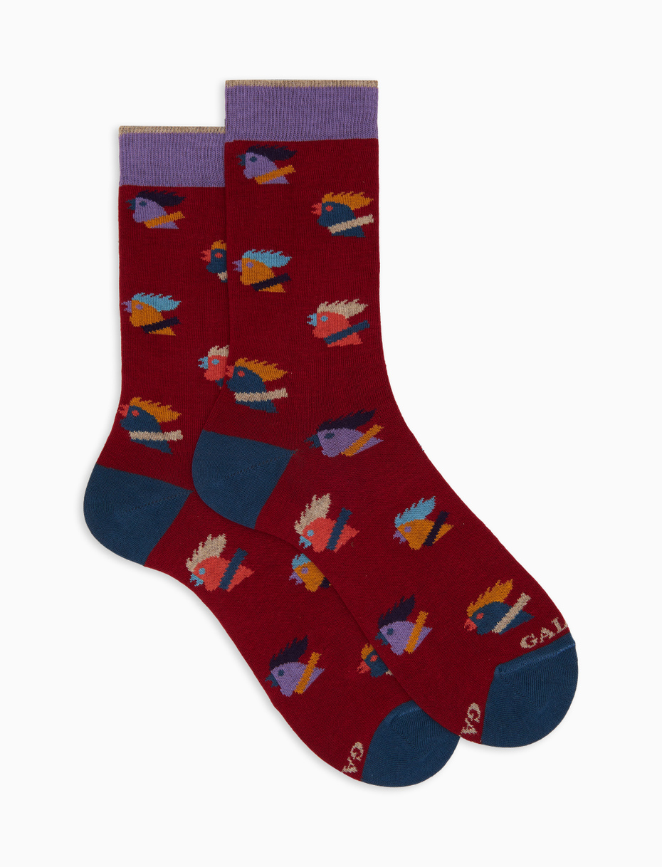 Women’s short burgundy cotton socks with multicoloured hen motif - Gallo 1927 - Official Online Shop