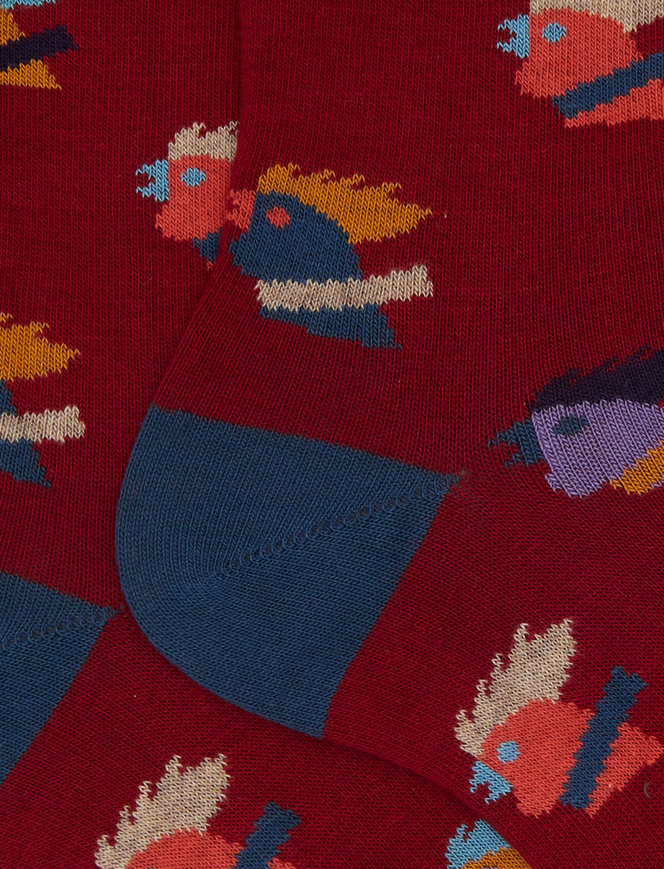 Women’s short burgundy cotton socks with multicoloured hen motif - Gallo 1927 - Official Online Shop