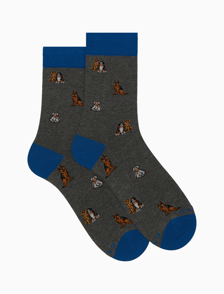 Men's short grey cotton socks with dog motif - Gallo 1927 - Official Online Shop