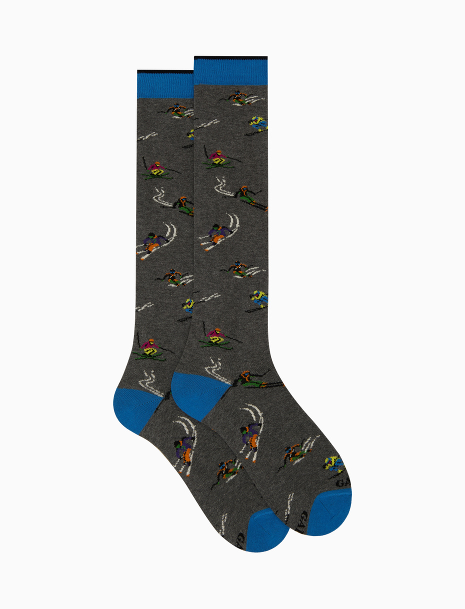 Men's long grey cotton socks with skier motif - Gallo 1927 - Official Online Shop