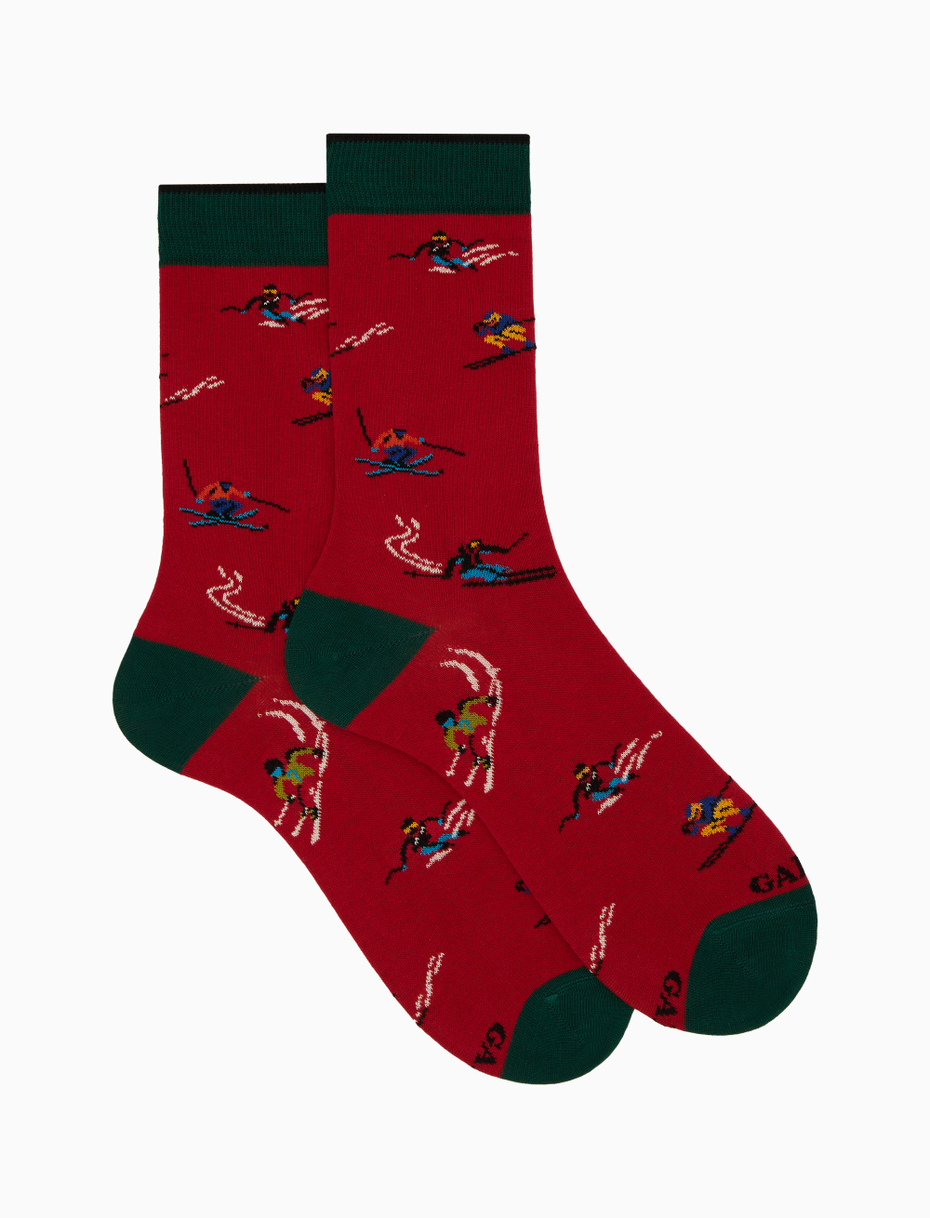 Calze corte uomo cotone rosso fantasia sciatori - Gallo 1927 - Official Online Shop