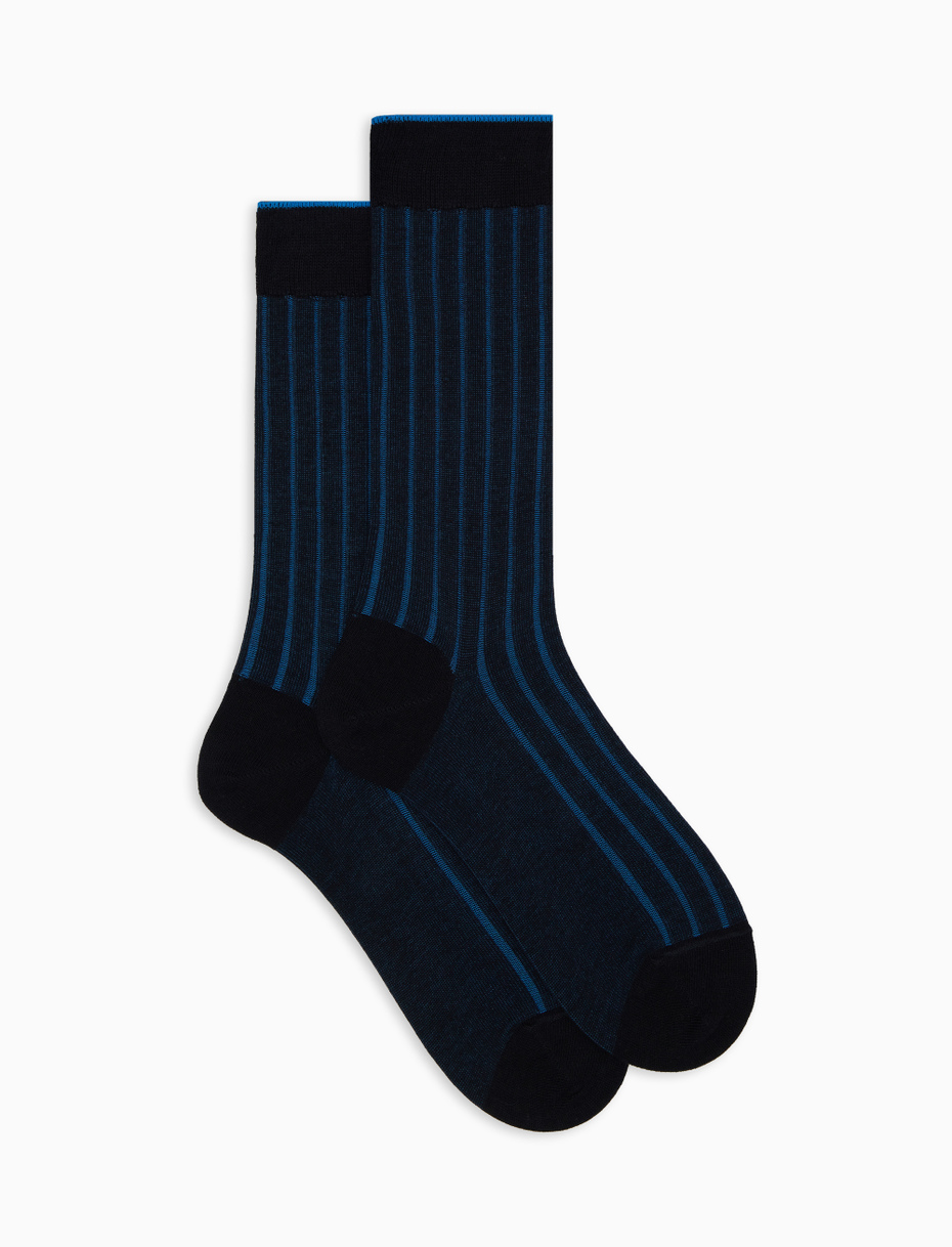 Men's short blue plated cotton socks with wide rib stitch - Gallo 1927 - Official Online Shop