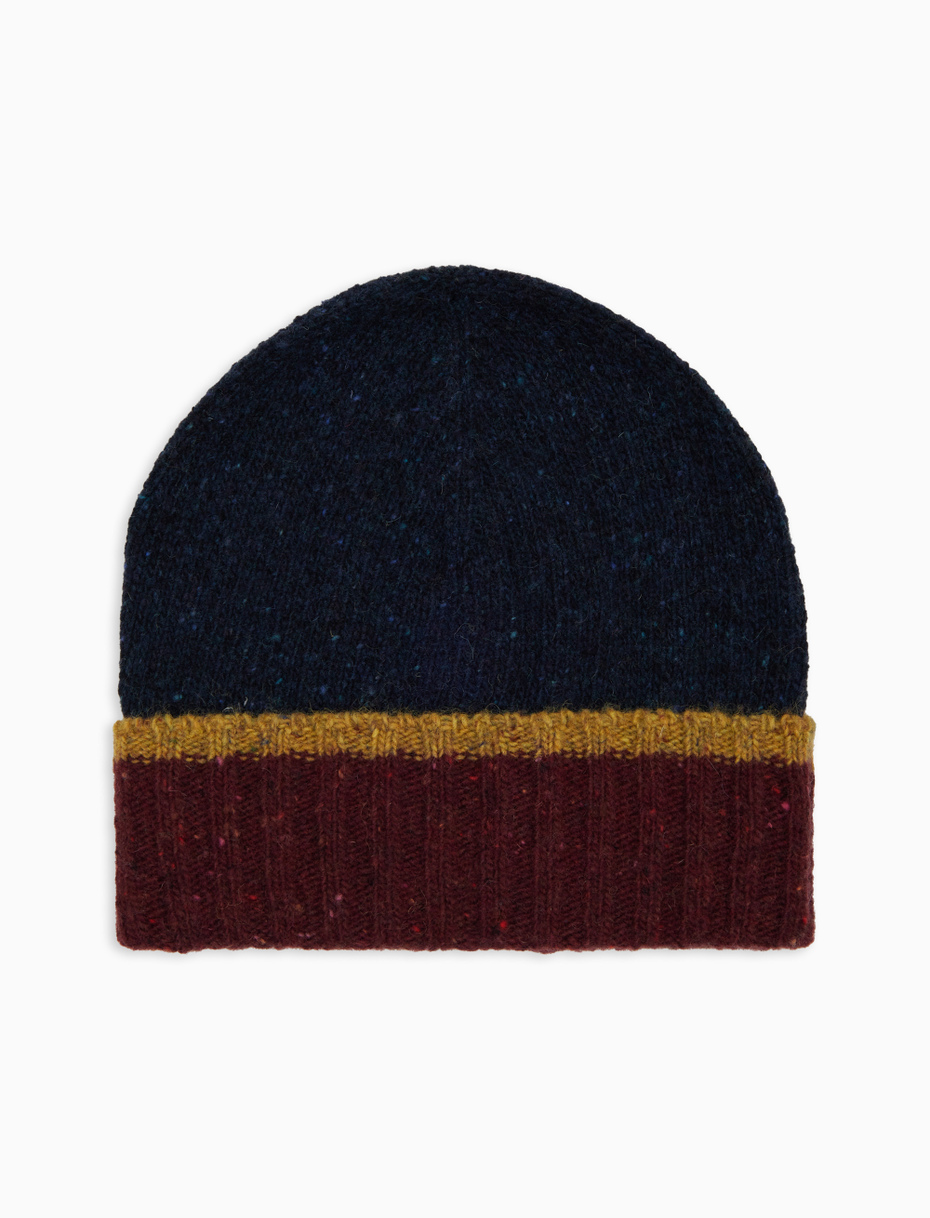 Men's plain blue ribbed wool beanie with contrasting cuff - Gallo 1927 - Official Online Shop