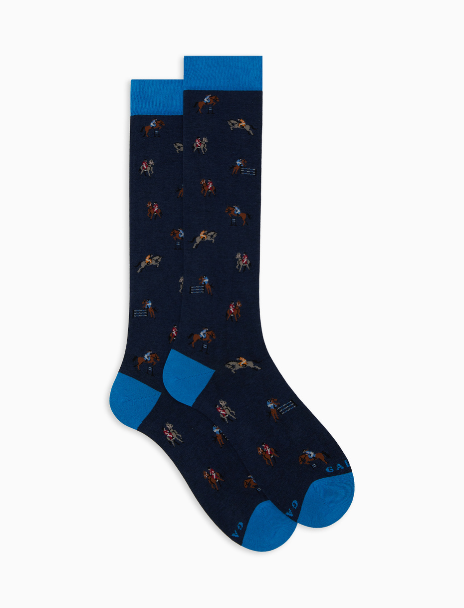 Men's long blue cotton socks with horse riding motif - Gallo 1927 - Official Online Shop