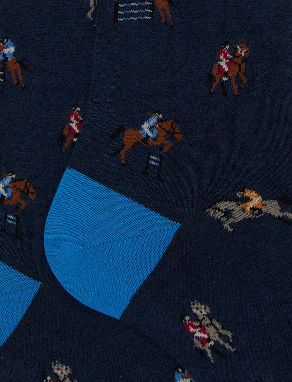 Men's long blue cotton socks with horse riding motif - Gallo 1927 - Official Online Shop