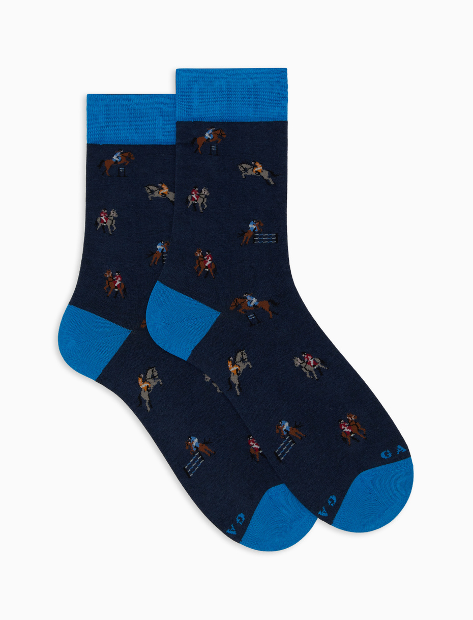 Men's short blue cotton socks with horse riding motif - Gallo 1927 - Official Online Shop