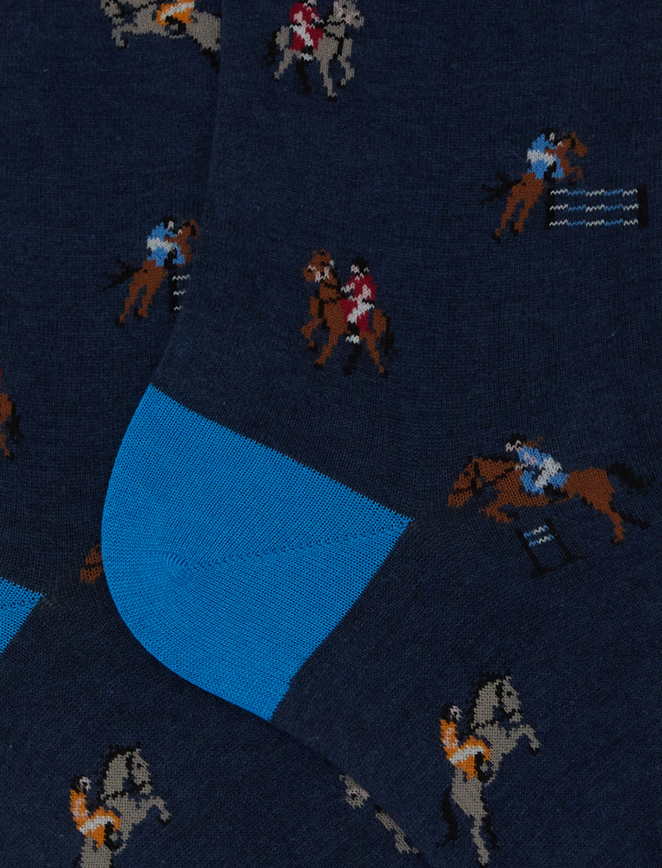 Men's short blue cotton socks with horse riding motif - Gallo 1927 - Official Online Shop