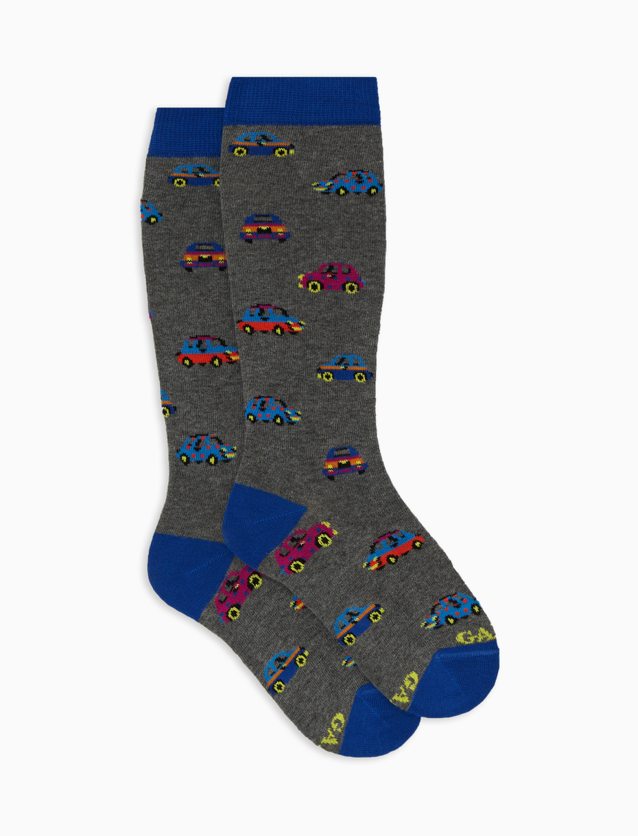 Kids long grey cotton socks with car motif
