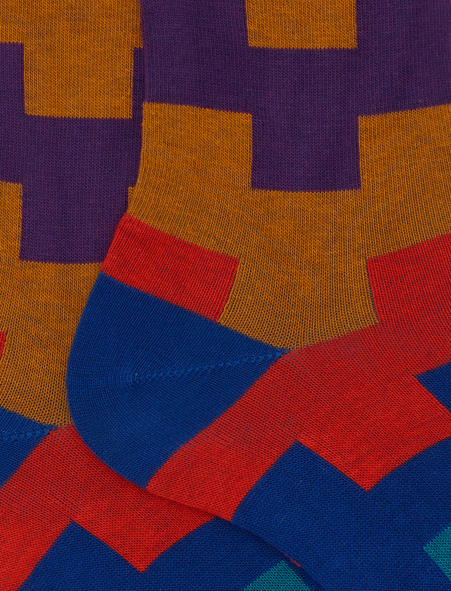 Men’s short blue cotton socks with geometric motif - Gallo 1927 - Official Online Shop