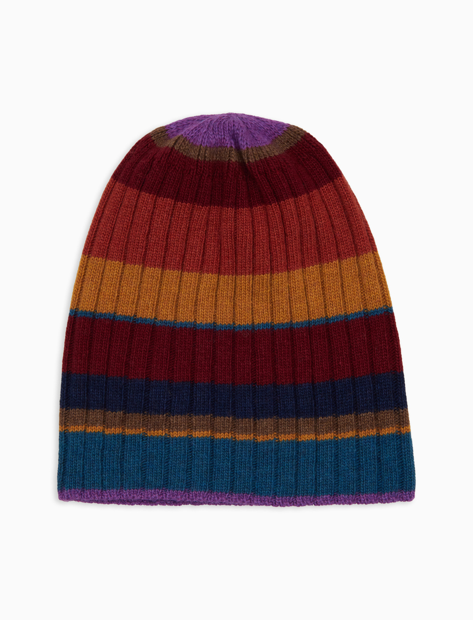 Unisex burgundy wool and cashmere beanie with multicoloured stripes - Gallo 1927 - Official Online Shop