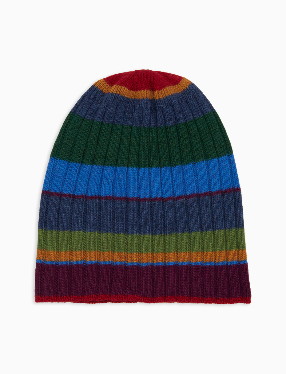Unisex blue wool and cashmere beanie with multicoloured stripes - Gallo 1927 - Official Online Shop