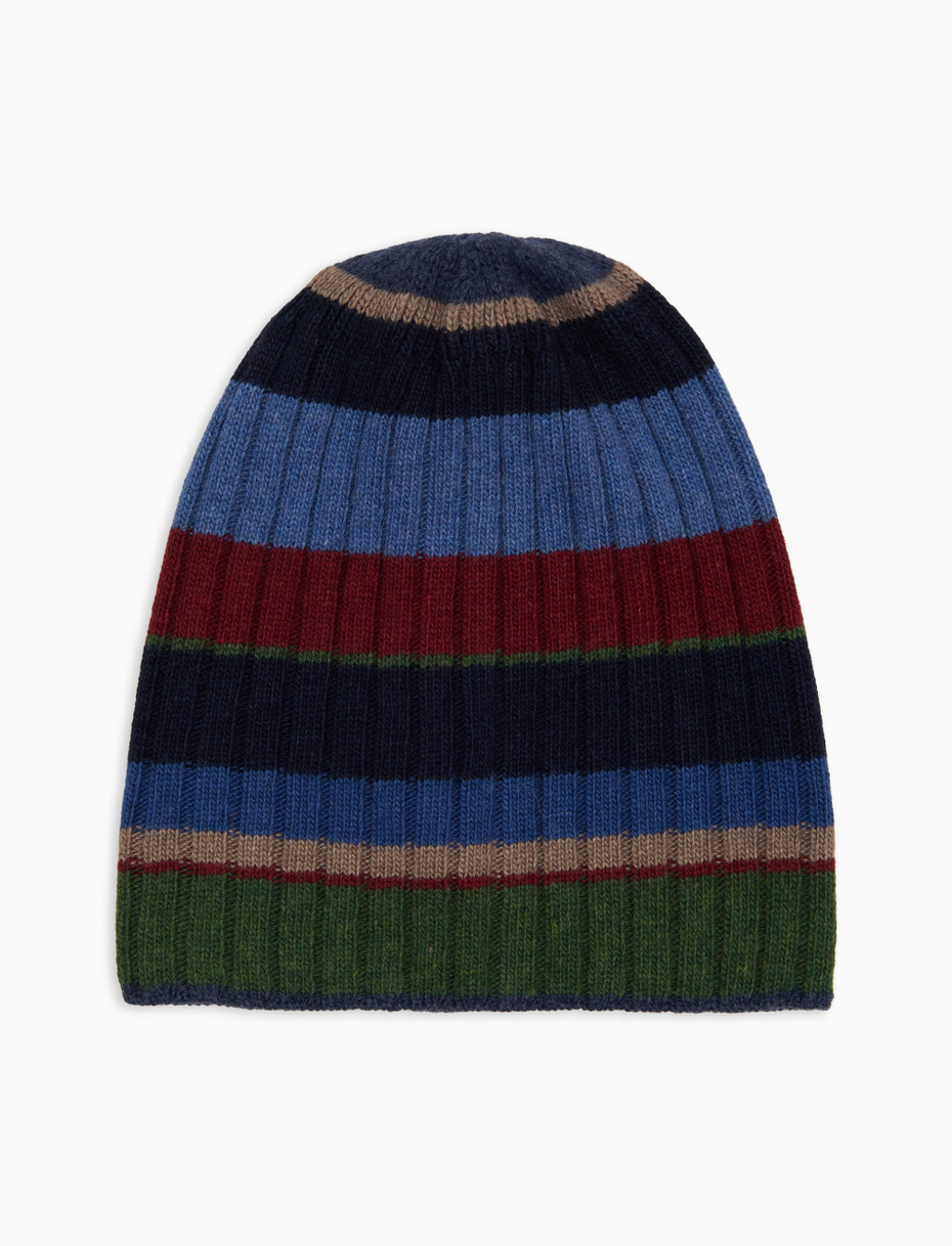 Unisex blue wool and cashmere beanie with multicoloured stripes - Gallo 1927 - Official Online Shop