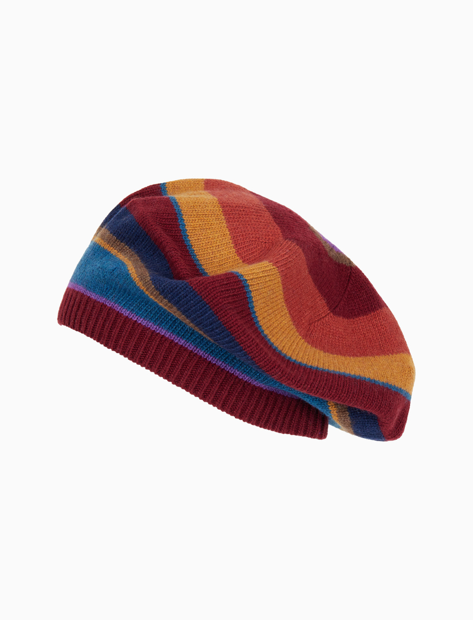 Women's burgundy wool and cashmere beret with multicoloured stripes - Gallo 1927 - Official Online Shop