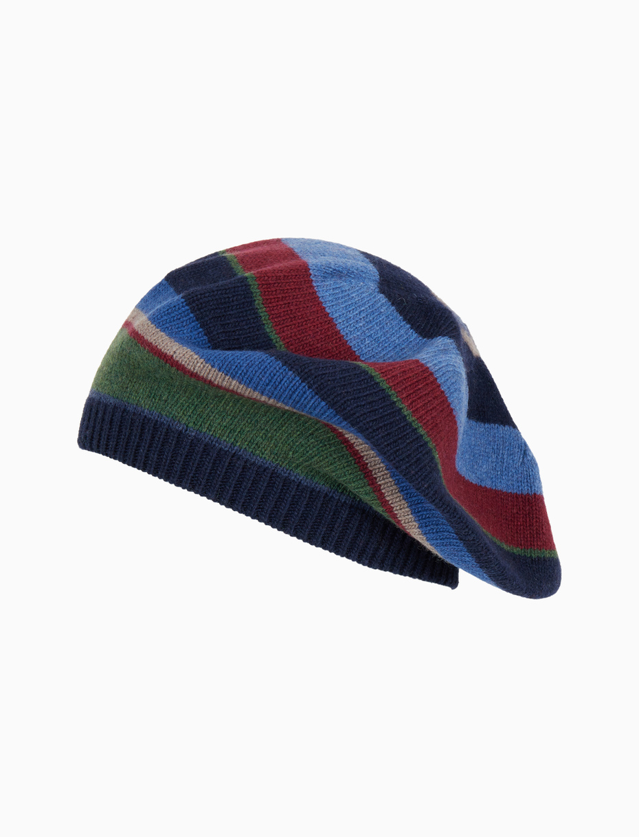Women's blue wool and cashmere beret with multicoloured stripes - Gallo 1927 - Official Online Shop