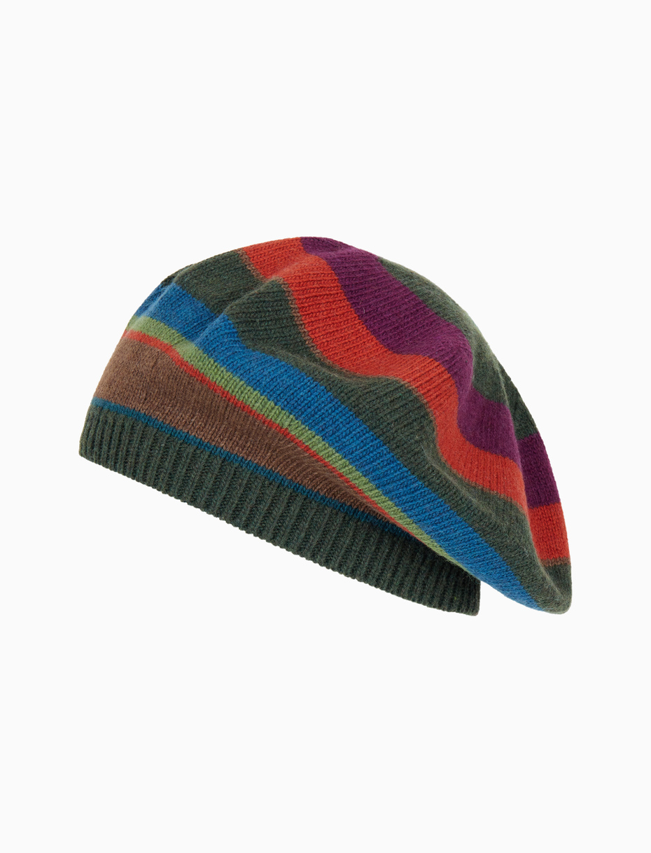 Women's green wool and cashmere beret with multicoloured stripes - Gallo 1927 - Official Online Shop